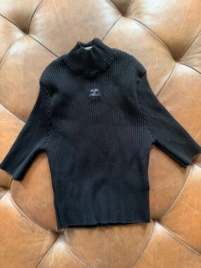 Courreges Black Ribbed Turtleneck Sweater with Center Logo